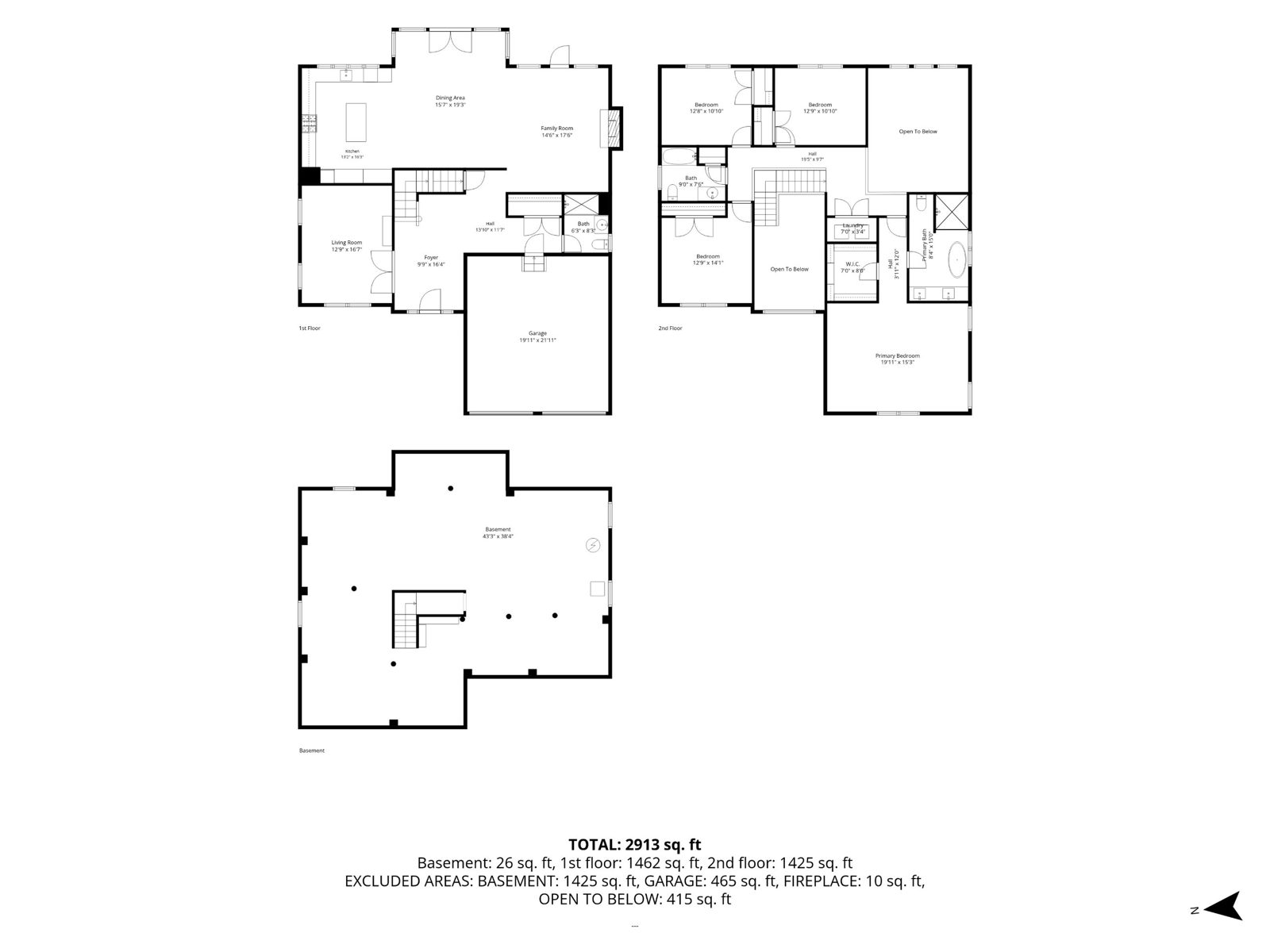2D floor plan of a 2,913 sq ft home with basement, first and second floors, by Regalis Realty Media
